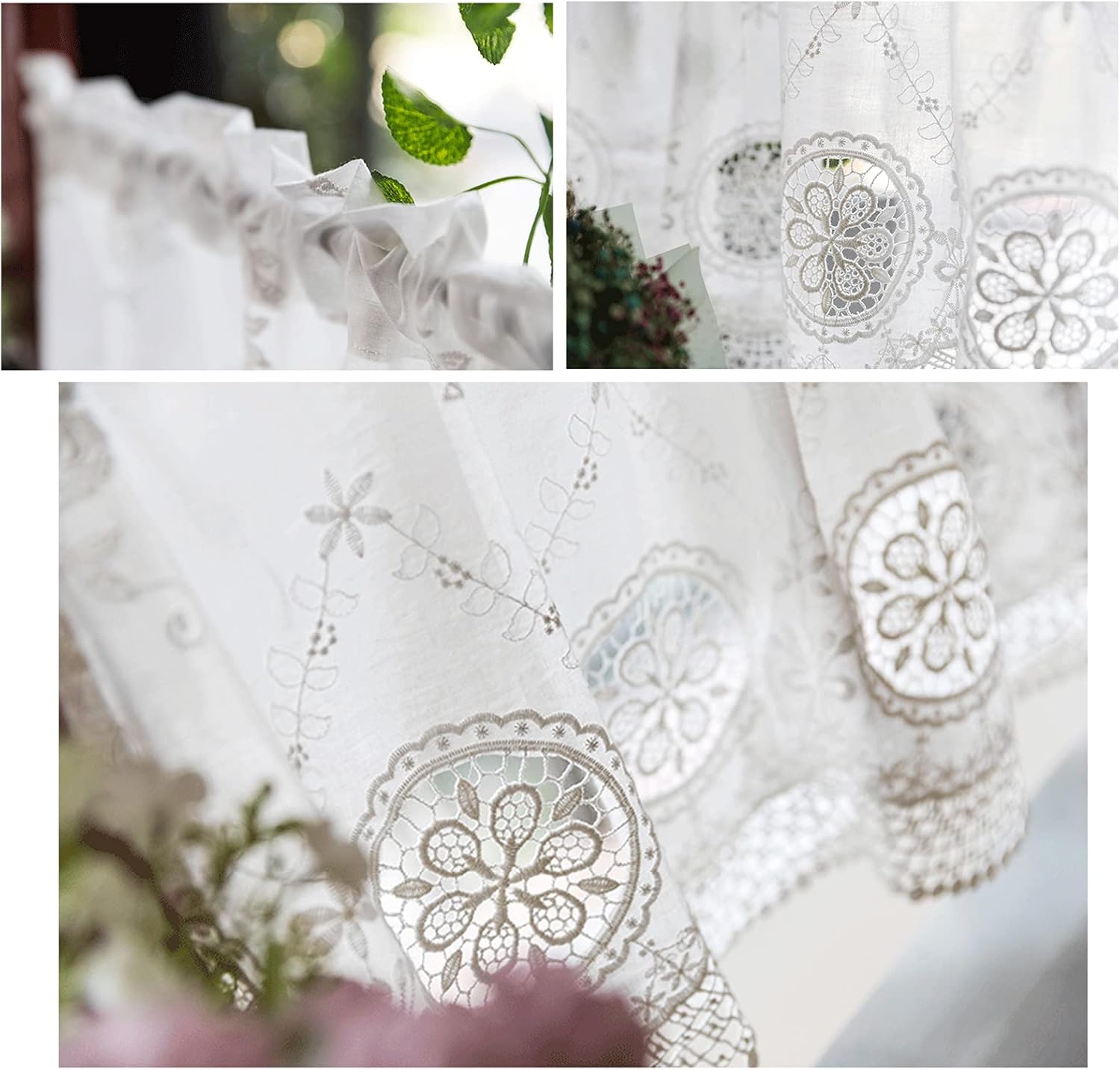 Kitchen Curtain,Cotton Embroidery Short Tier Curtains Valance,Bistro Curtain Country Style,Cafe Curtains for Bathroom Kitchen Small Windows Bookshelf Wardrobe Living Room and Bedro