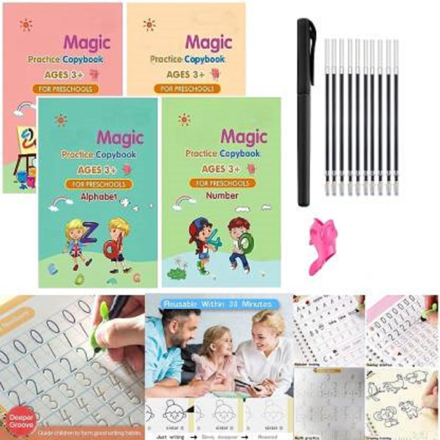 Magic Practice Copybook (4 Book + 1 Pee + 10 Refill + 1 Grip) Number Tracing Book with Pen, Practical Reusable Writing Tool Simple Hand Lettering Books Kids Pre-Schoolers bookset (1) (B0DG35M8B8) Amazon Price History, Amazon Price Tracker
