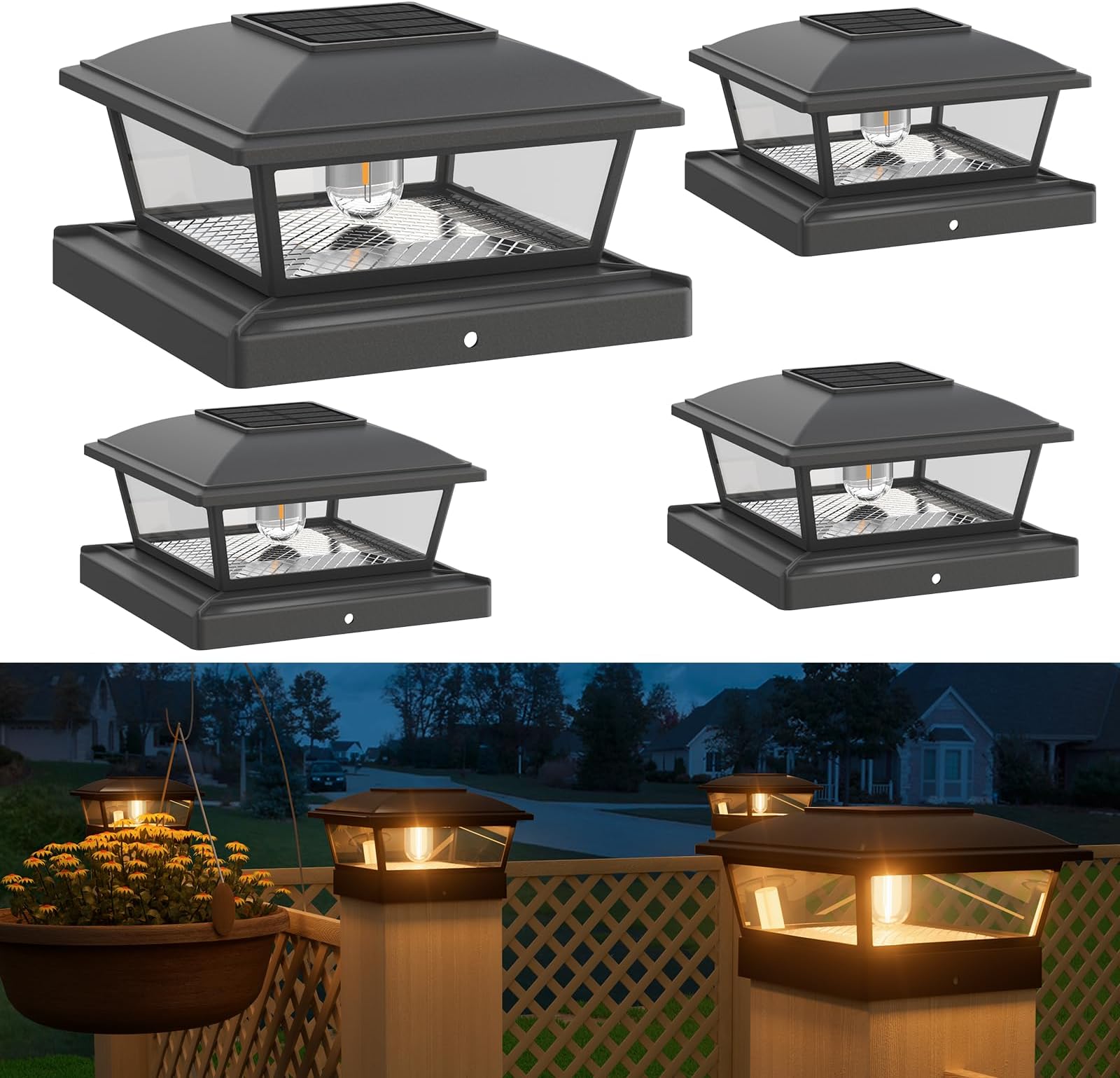 APONUO 4x4 Solar Post Caps Lights, 2 Modes Edison LED Bulbs Solar Fence Post Lights for 4x4 5x5