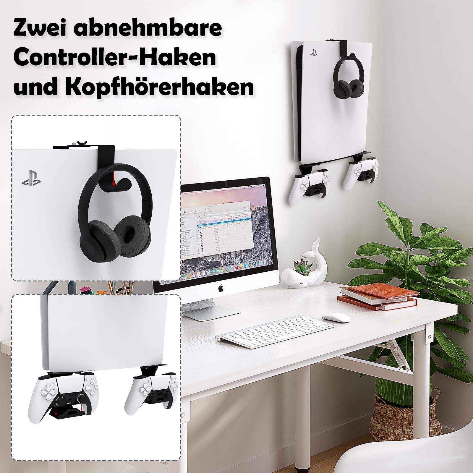 Wandhalterung für PS5/PS5 Slim/PS5 Pro mit Controller-Halterung Wand und Kopfhörer-Halterung, PS5-Zubehör aus massivem Metall – Schwarz