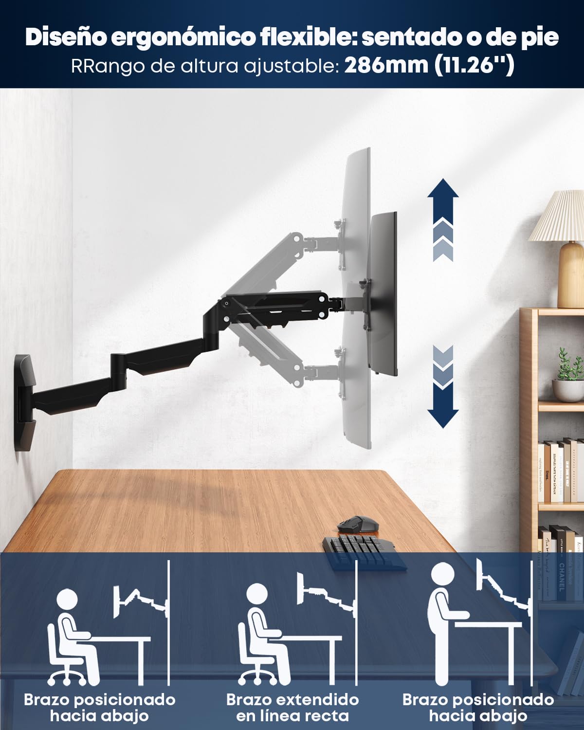 Soporte de pared para monitor con resorte de gas 17–32" – Brazo extra largo 76,9 cm, ajustable en altura y giratorio, VESA 75/100, hasta 9 kg