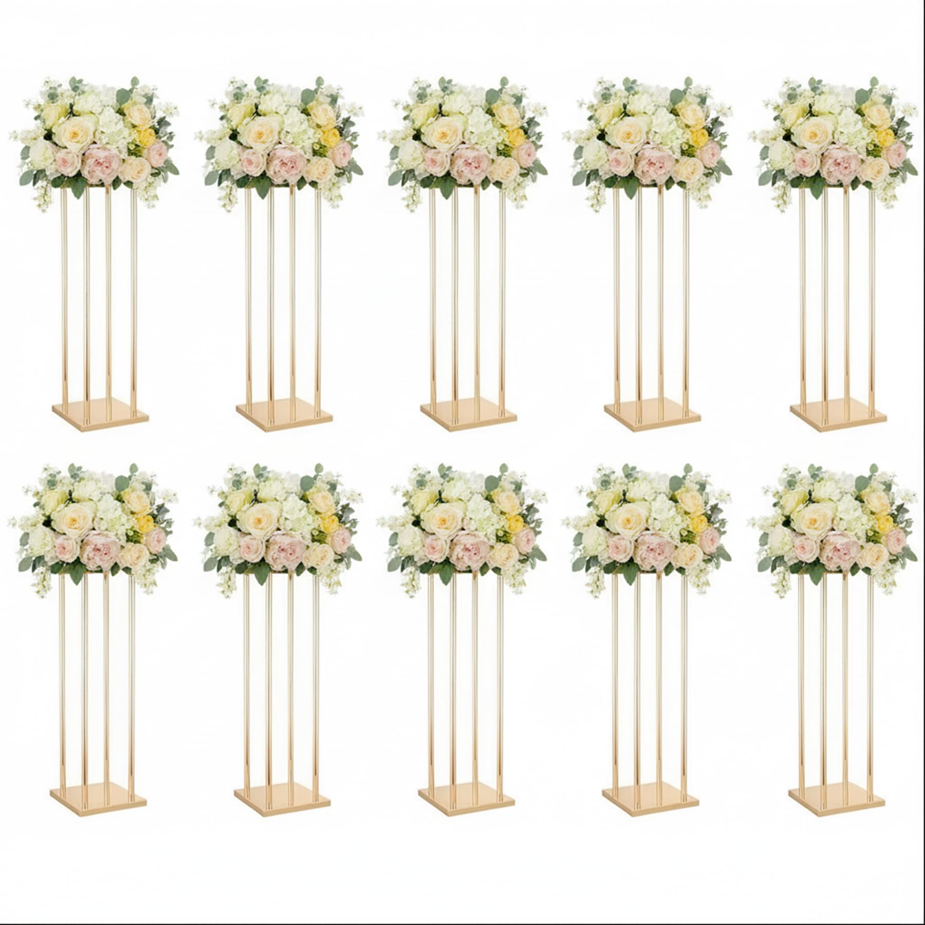 Photo 1 of Elegant Metal Flower Wedding Centerpieces, 23.6" Tall Gold Flower Stands for Tables, Set of 10 Geometric Column Vases for Wedding Reception Birthday Party Event Christmas Home Décor