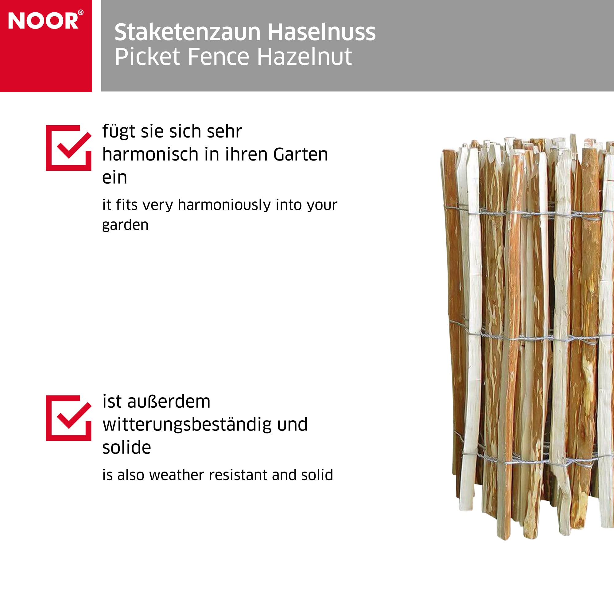 NOOR Staketenzaun Berg-Haselnuss - rustikaler Rollzaun Naturzaun 1,2x5 m