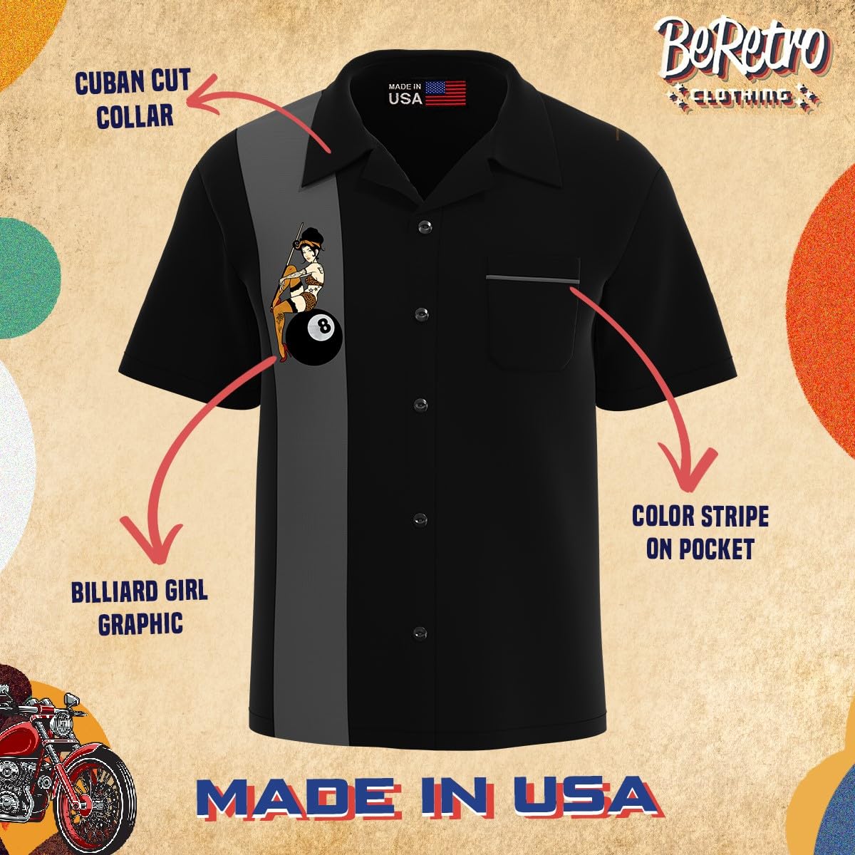 BeRetro Men's Bowling Lounge Retro Shirt with 8 Ball Pool Pinup Girl Design for Game Night - Made in USA Black
