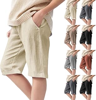Bonitos pantalones cortos de algodón y lino para niñas, cintura alta, pierna recta, pantalones cortos lisos con bolsillos, cintura elástica, color sólido, pantalones casuales para la escuela, marrón