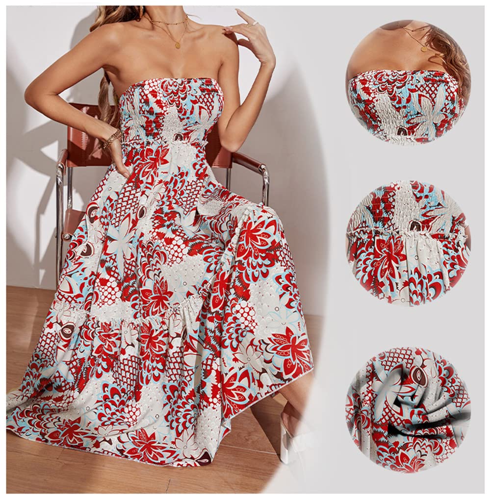 Vsadsau Vestido largo de verano para mujer, ajustado, sin mangas, estampado floral, vestido midi para fiesta de playa