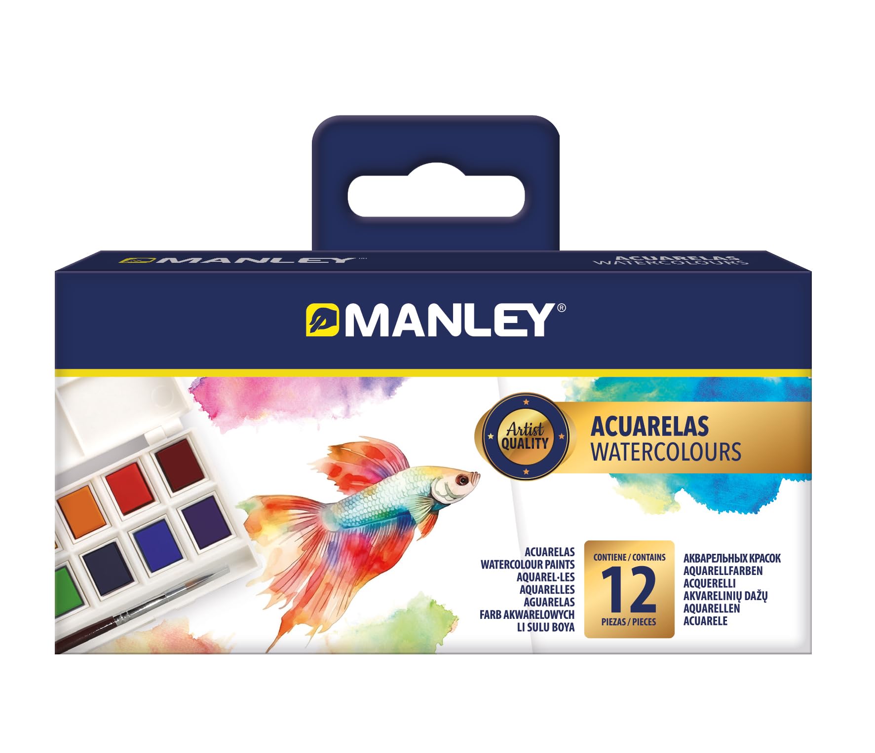 Manley - Estuche 12 Acuarelas Con Pincel | Diversidad de Colores | Creatividad sin Límites | Colores Surtidos | Para Todas las Edades | Aventura de Color