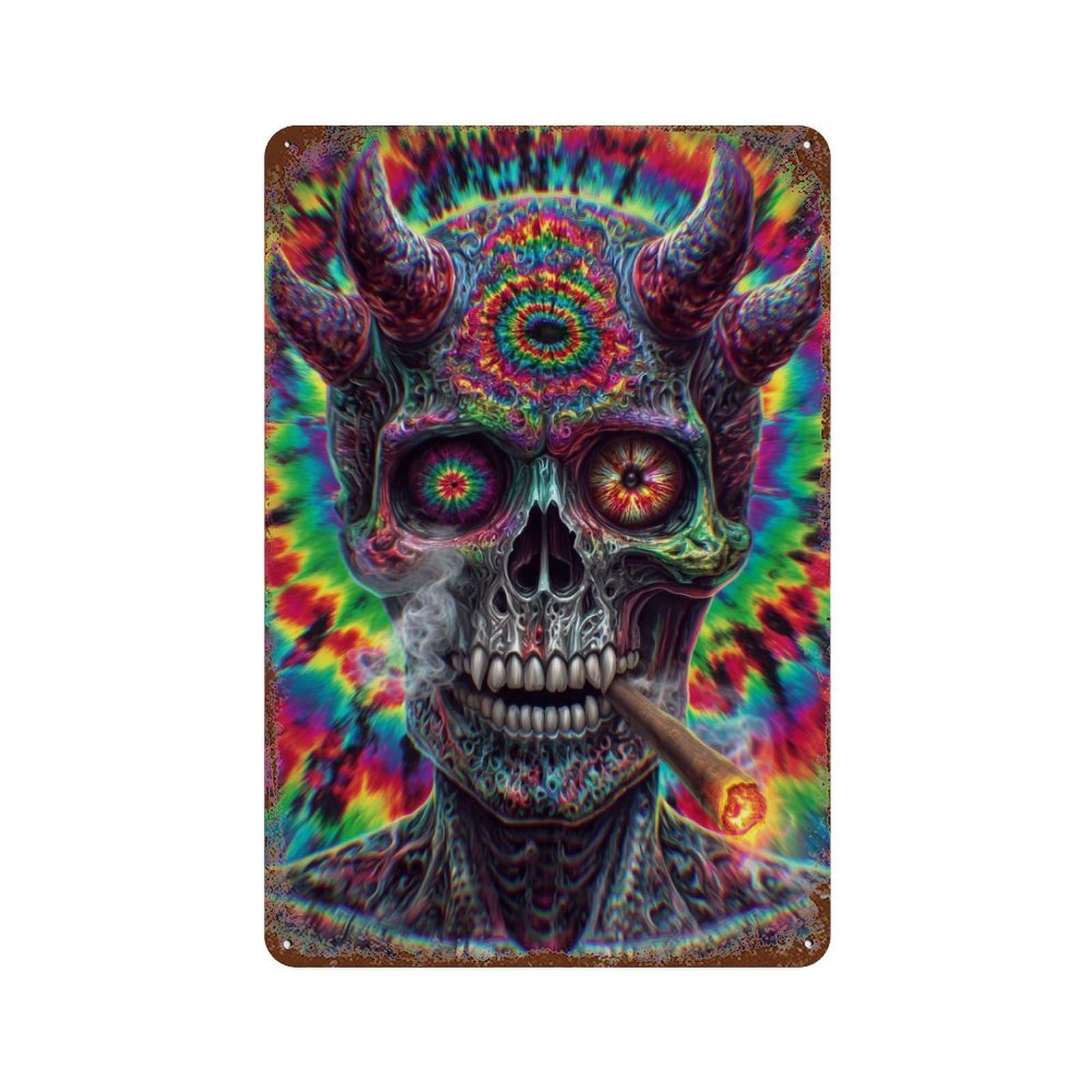 Rust Effect Psychedelic Devil Skull Art Print-4 Aged Metal Wall Plaque 11.8"x7.9", Rustic Home Decor for Bistro, Counter And Cafe Decor