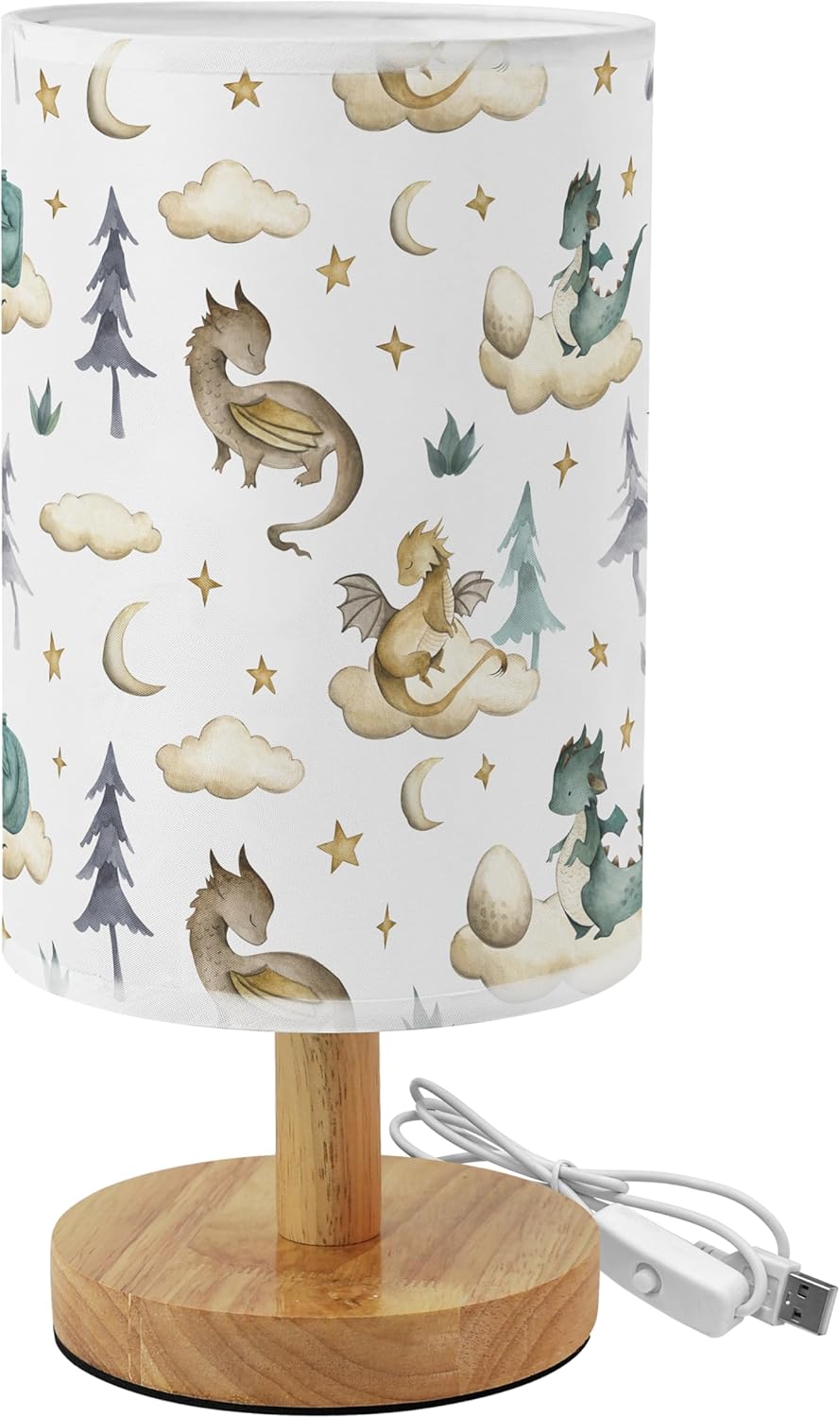 Cute Dragon Bedside Table Lamp for Bedroom with USB Port, Funny Cozy Kids Nightstand Lamp with Wood Base Polyester Fabric Shade for Living Room Dorm Desk (White)