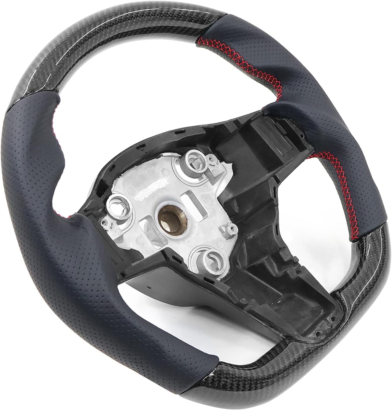 FREEMOTOR802 Compatible With 2017-2023 Tesla Model 3 and Model Y Steering Wheel, Carbon Fiber & Perforated Leather Steering Wheel Brushed Kit With Red Stitching