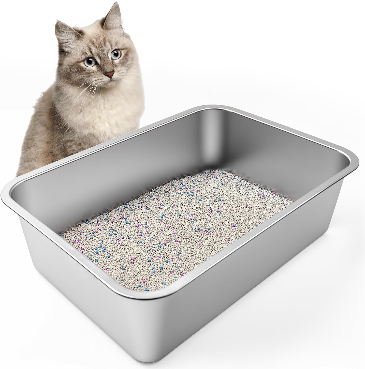 Stainless Steel Litter Box High Sided Large Metal Cat Litter Box Easy Clean | Non Stick No Smell Cat Litter Box for Adult Cats/Kitty/Kitten