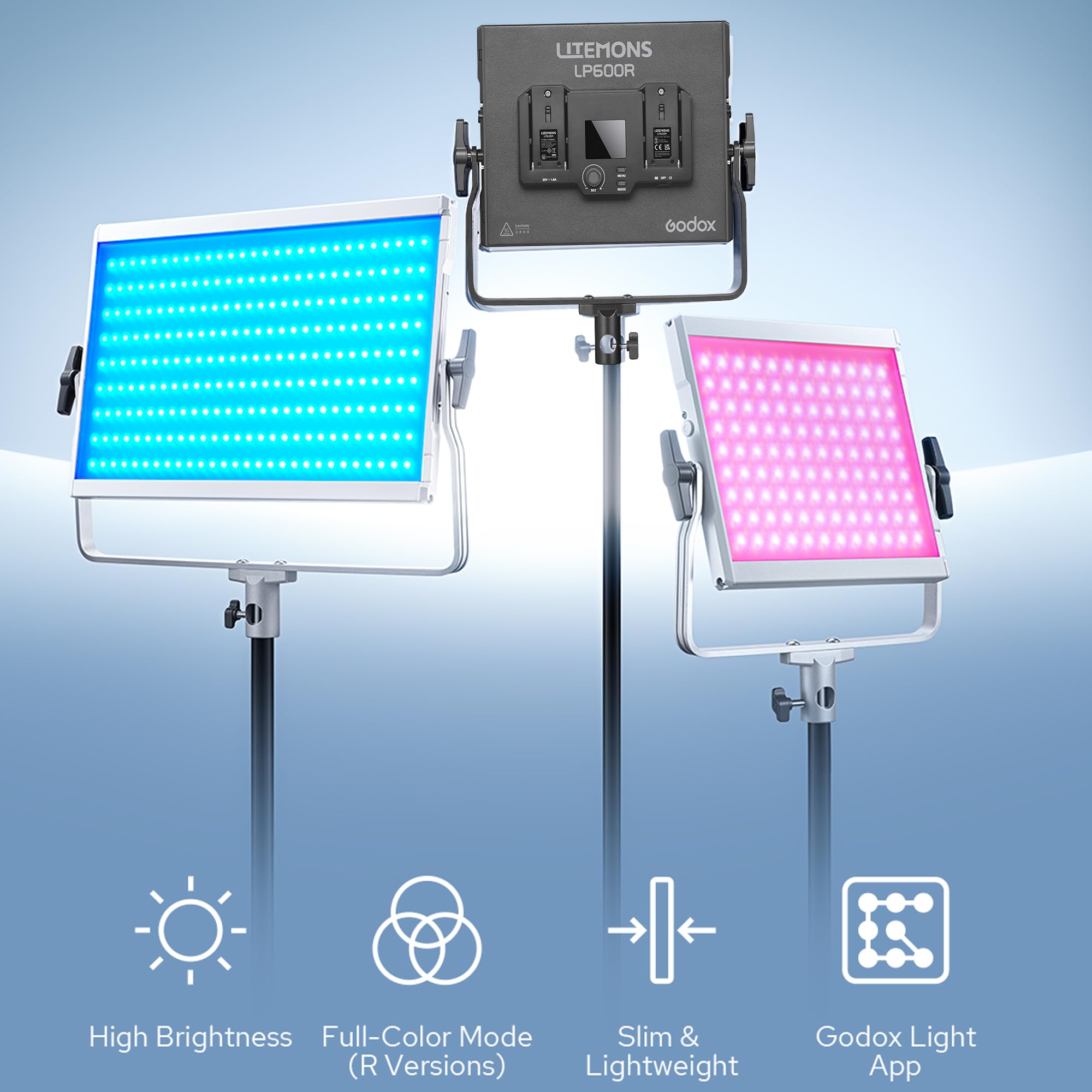 GODOX Litemons LP600R panel oświetleniowy LED RGB 60 W, zestaw 2 sztuk, ze stojakiem świetlnym, 1800 K - 10000 K, 9270 luksów przy 0,5 m, sterowanie aplikacją do fotografii studyjnej, nagrywania wideo