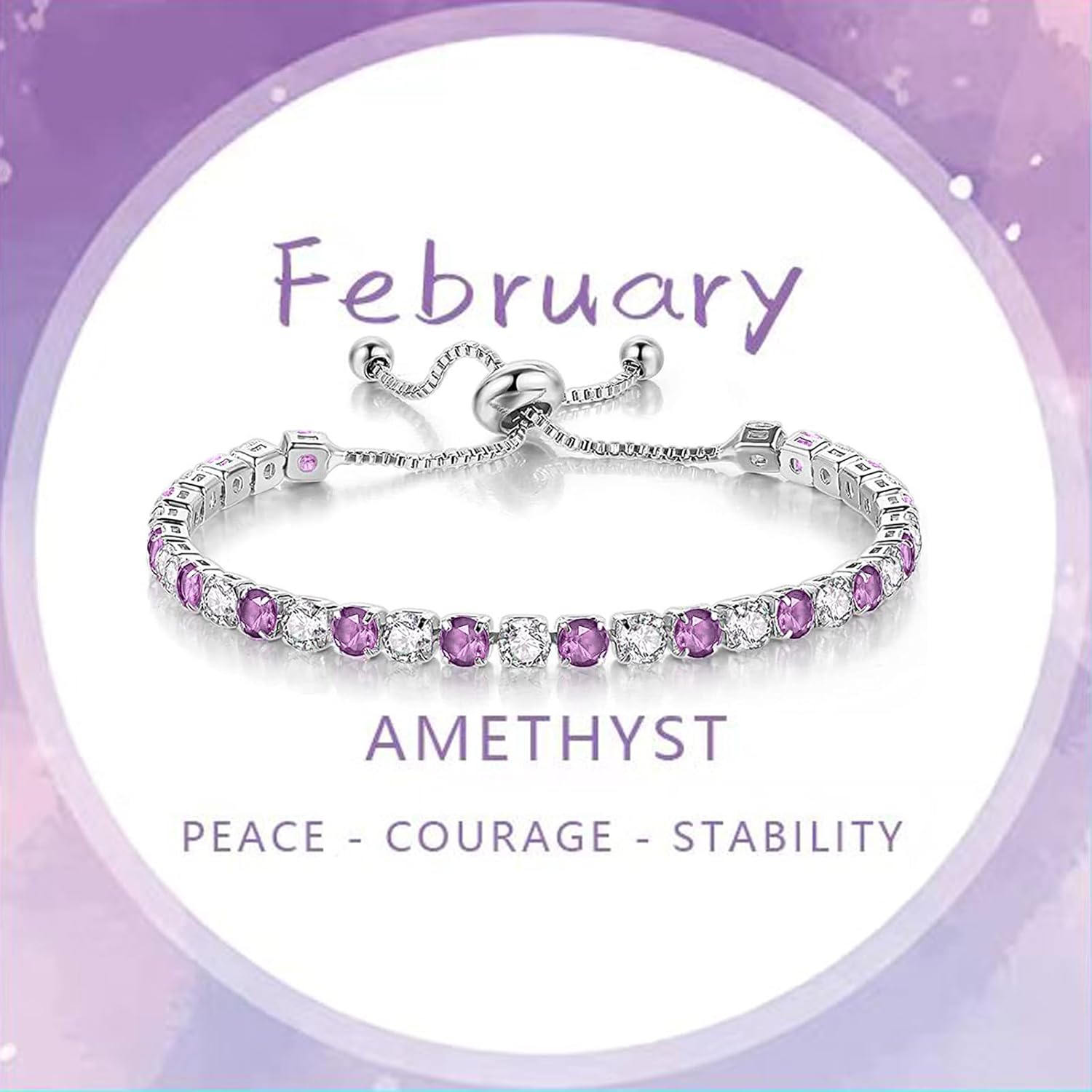 Sfoni Birthstone Bracelet for Women, Silver Sparkly Tennis Bracelet with Cubic Zirconia Adjustable Slider Bracelets Birthday Anniversary Graduation Valentine's Day Mother's Day Gifts for Her Him - Image 2