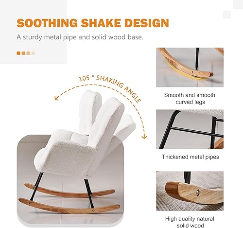 Miniatura 20 de Kiztir Mecedora para guardería, respaldo alto, deslizador de peluche, tapizado, reclinable, moderna mecedora para dormitorio, sala de estar,