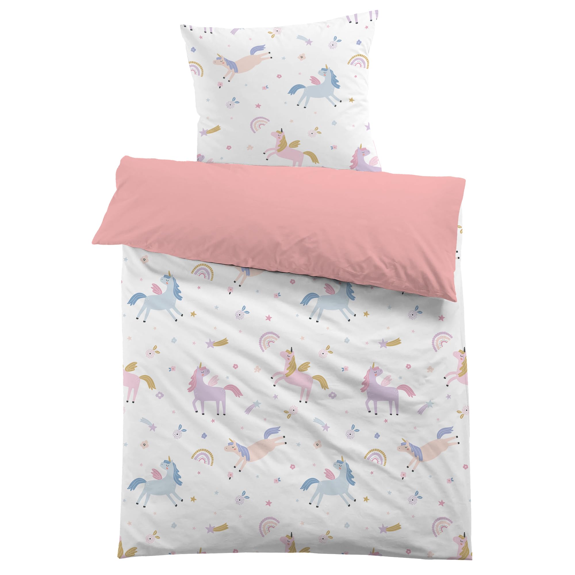 FEKOHIPY Housse de Couette Enfant Licorne 140x200cm 3 Pièces Parure de Lit Microfibre Cadeau Anniversaire Fête Noël Fille Blanc et Rose Licorne et Arc -en-Ciel 2 taies d'oreiller 65x65cm