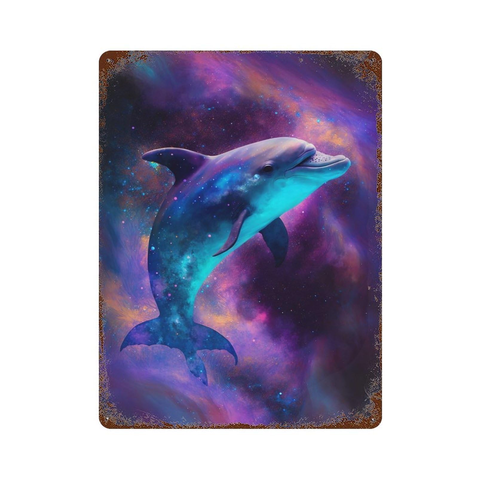 Cosmic Dolphin Art Print-6 15.7"x11.8" Rust Effect Tin Sign, Old School Wall Decor for Pub, Kitchen And Man Cave Decor
