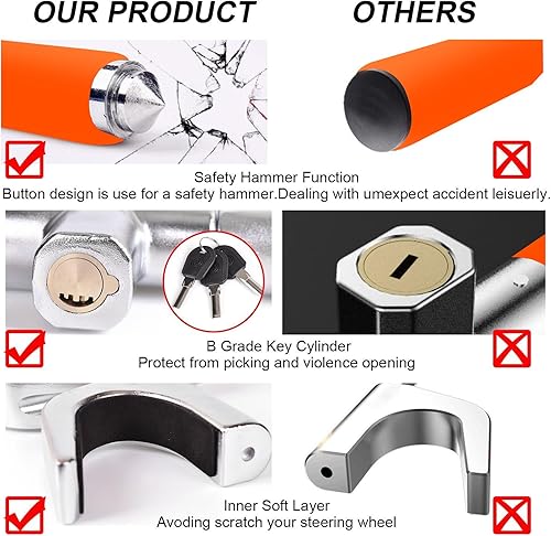 Miniatura 15 de Tevlaphee - Bloqueo de volante para coches, bloqueo de rueda, bloqueo antirrobo de vehículo, abrazadera de longitud ajustable, doble gancho, ajuste