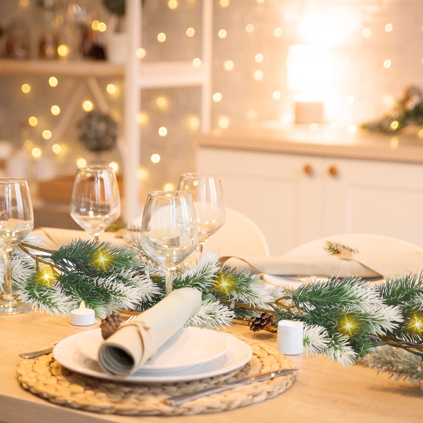 Chuangdi Lot de 6 guirlandes de Noël floquées de neige artificielles avec lumières - Guirlande de pin de cèdre blanche pour cheminée, table, porte d'entrée, décoration d'escalier (lot de 6, LED blanc