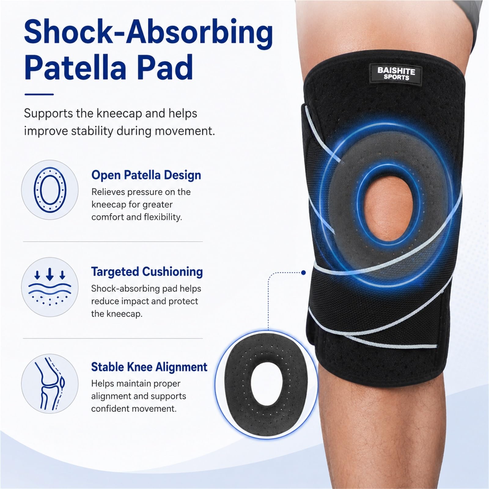 Soporte para la rodilla para hombres y mujeres, rodillera de compresión ajustable con estabilizadores laterales y almohadilla de gel de silicona para la rótula, ideal para correr, hacer senderism