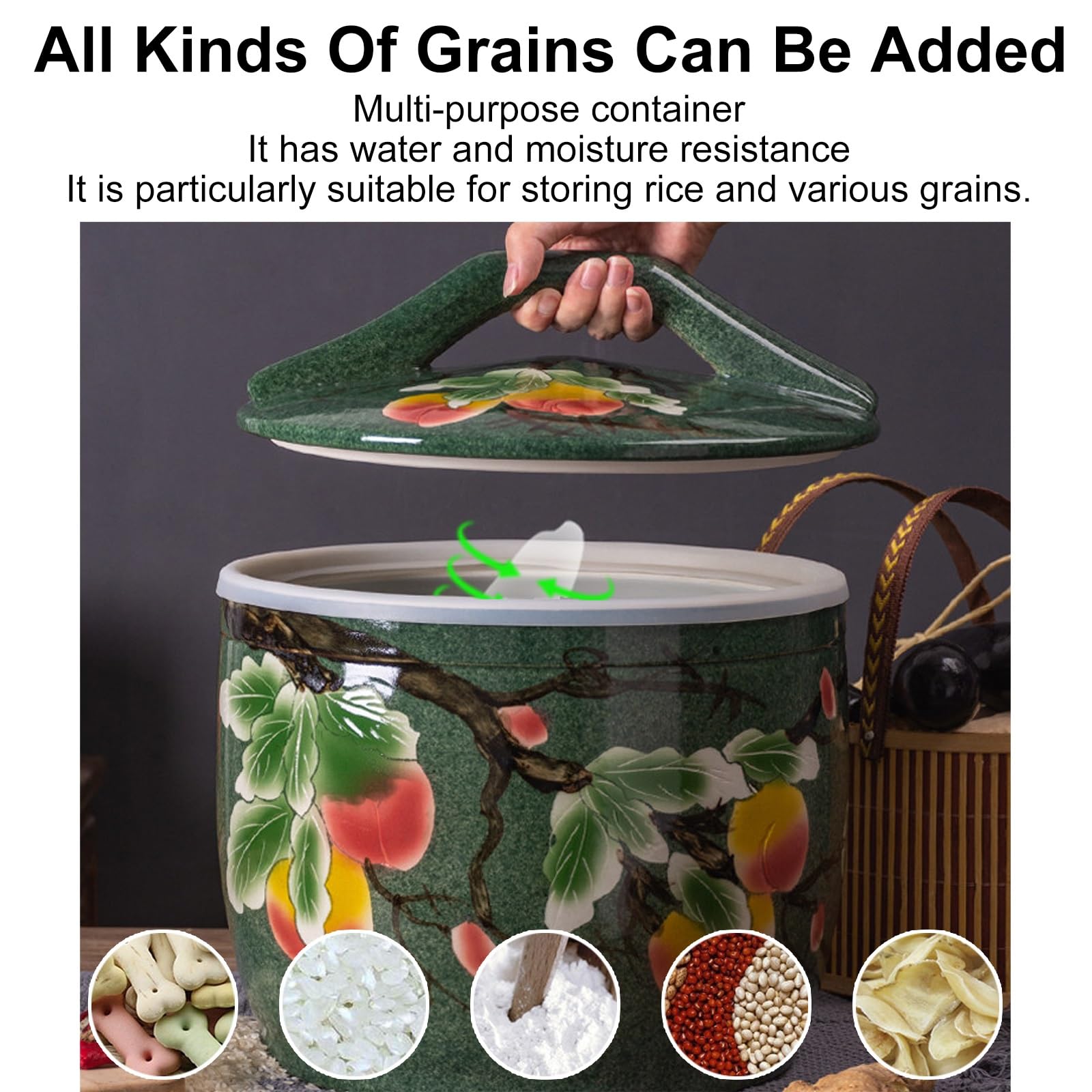 Contenitore per riso in ceramica con manico, dispenser decorativo per cereali da cucina per snack e cereali, stile cinese