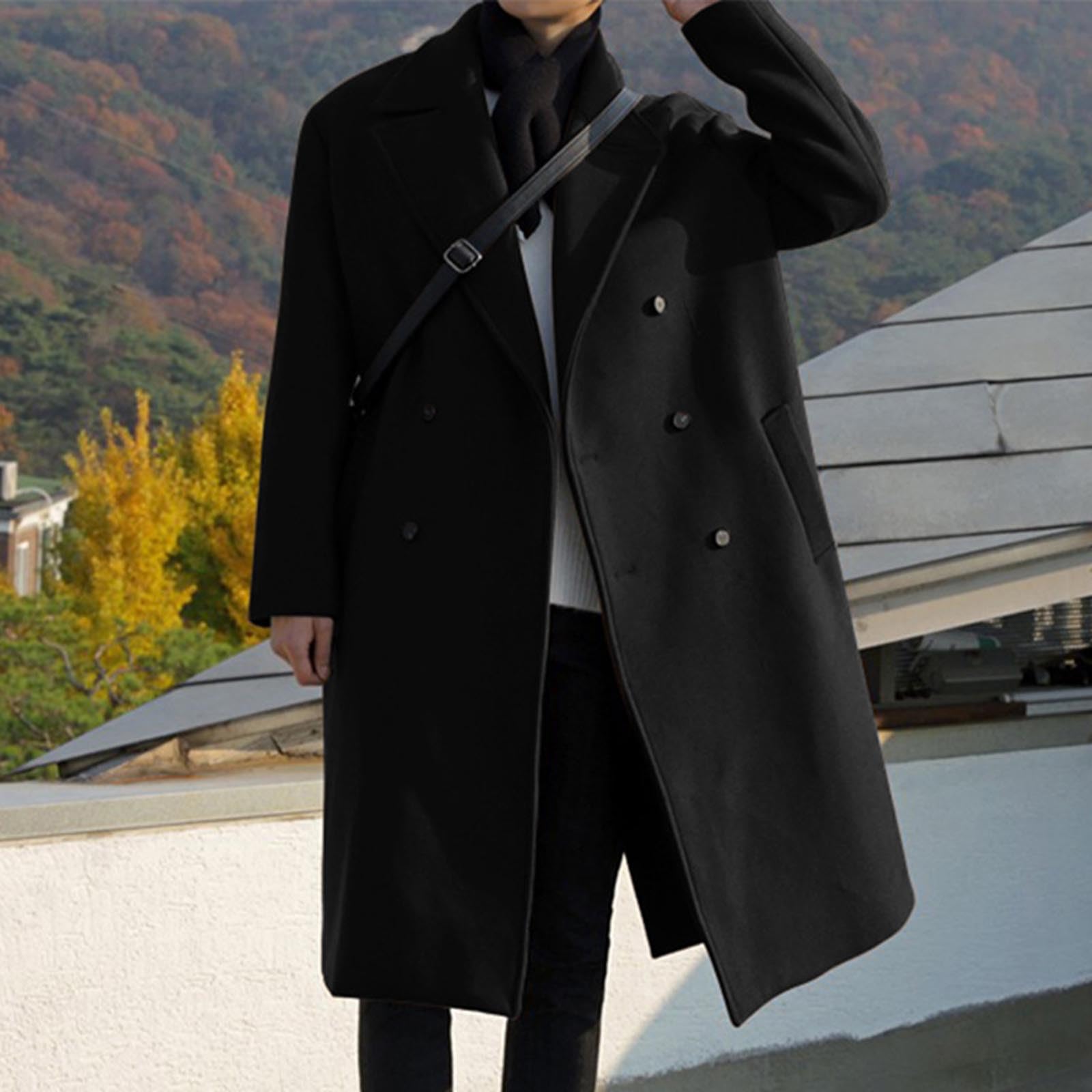 Trench Cappotto invernale da uomo a doppio petto con colletto rovesciato, leggero, tinta unita, da uomo, vestibilità stretta, antivento, lungo