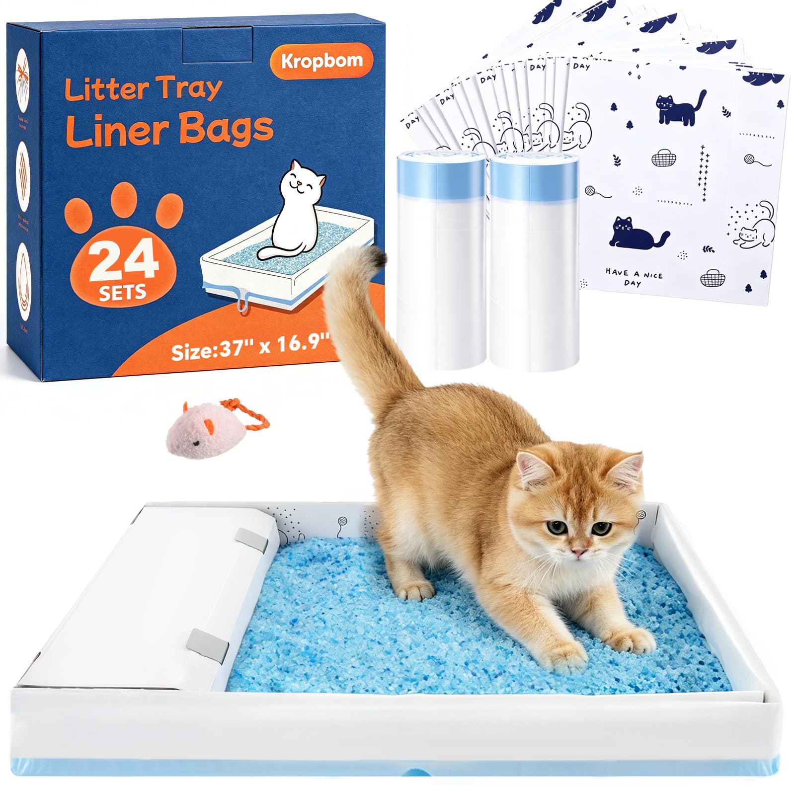 Paquete de 24 forros para caja de arena compatibles con Safe Pets Scoopfree para caja de arena para gatos, bolsas grandes para excrementos de gatos con cartón antiarañazos y cordón, resistente al