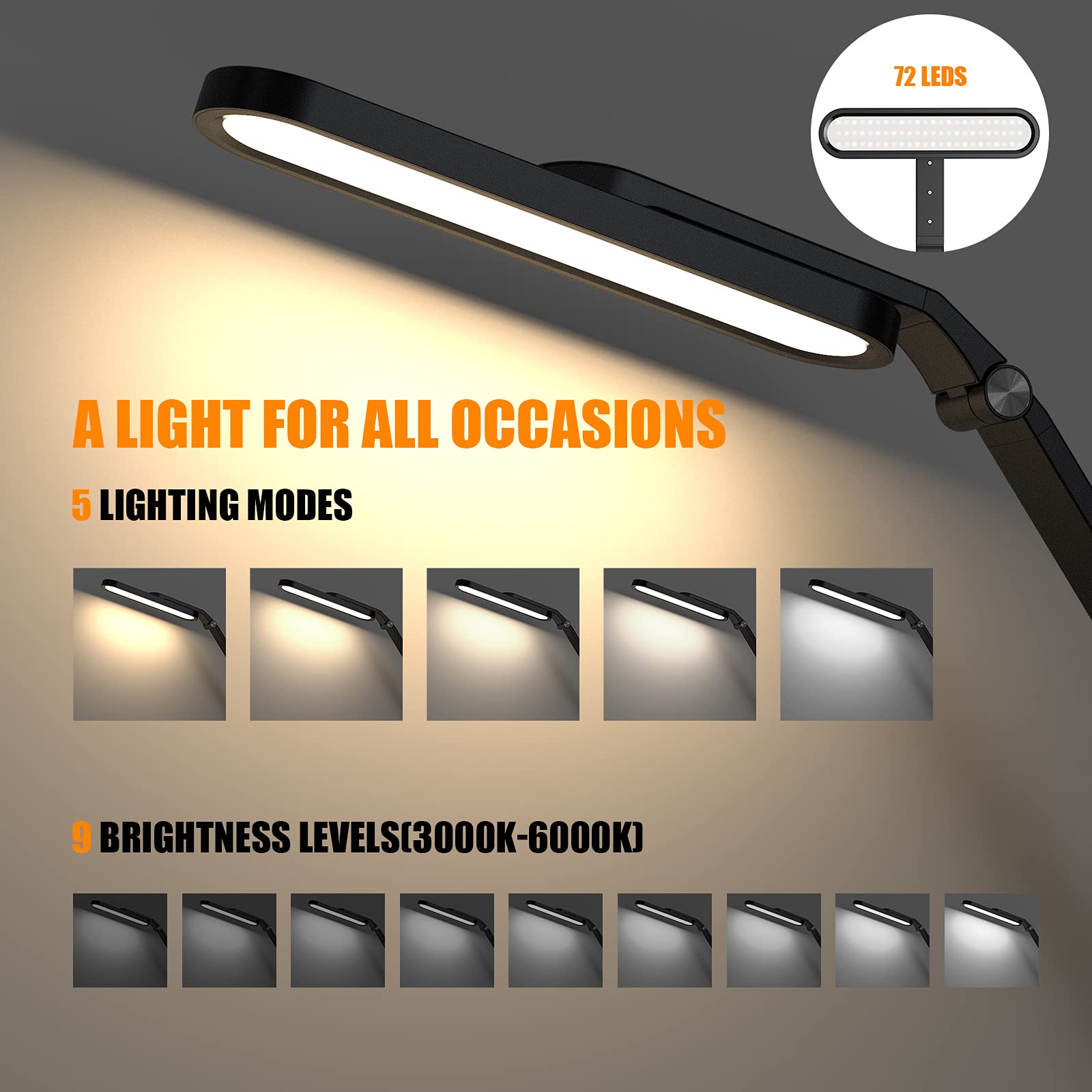 JKSWT Lampe de bureau LED protectrice des yeux, 72 LED, 9 niveaux luminosité, 5 modes couleur, USB recharge, tactile mémoire