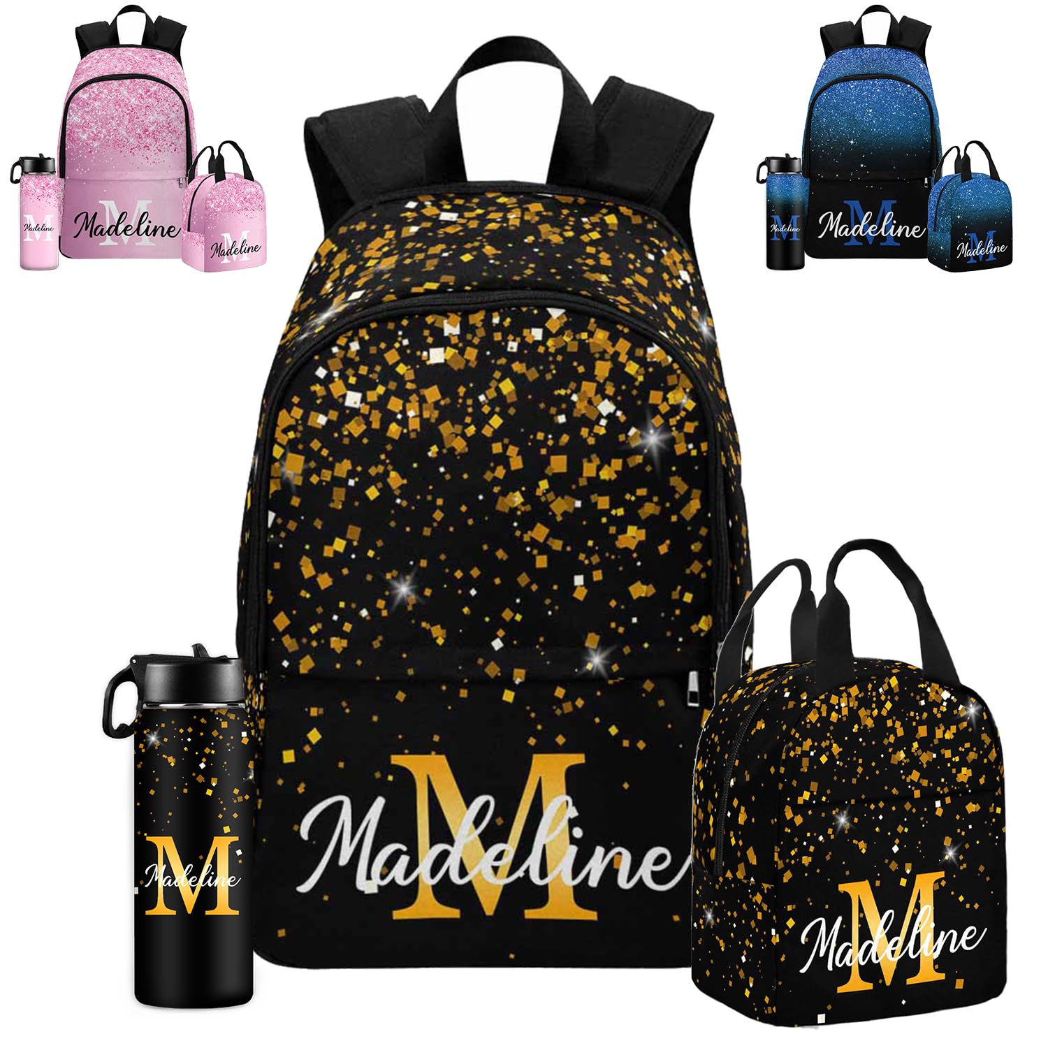 GIGIMISO Custom Name School Bag for Niece, Nephew, Customized Golden Glitter Shoulder Bag Backpack for Boys Girls Students Personalized Zipper