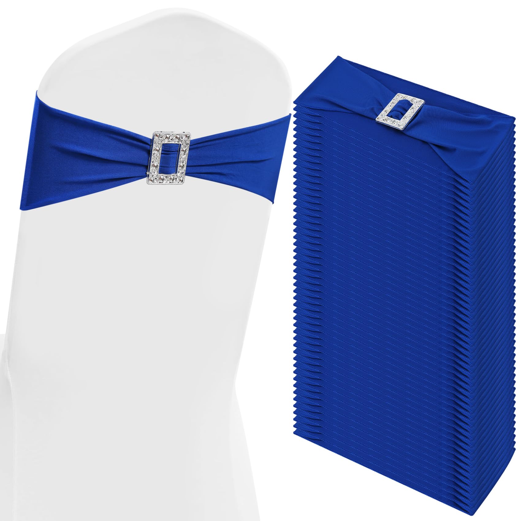 Micvtve 50 PCS Spandex Chair Sashes Bows Stretch Chair Cover Band with Buckle Slider Universal Elastic Chair Ties for Wedding Banquet Party Event Decoration (Blue)