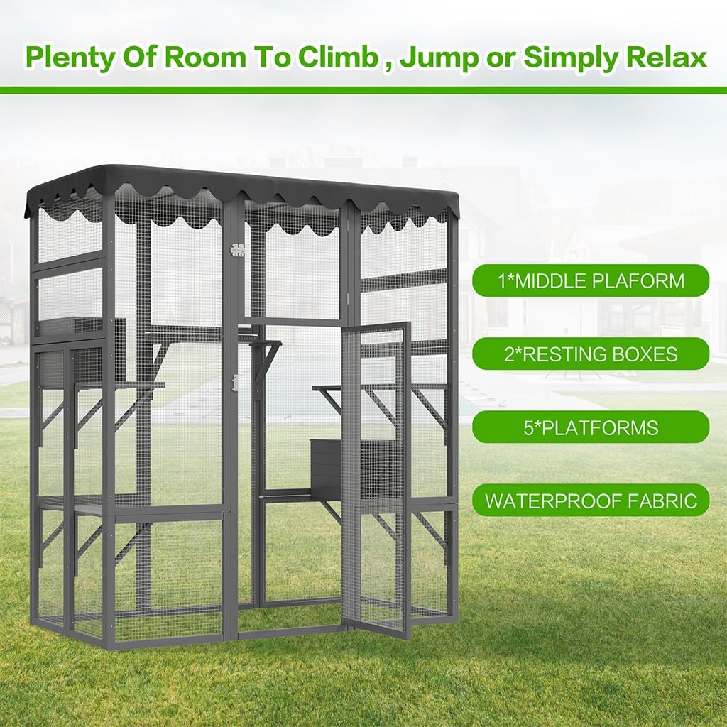 review Catio Outdoor Cat Enclosure Wooden Large Cat House with Waterproof Roof, 7 Platforms and 2 Resting Box, Kitty Kennel Condo Shelter for Multiple Cats Walk in Cat Cage, Compatible with Cat Tunnel