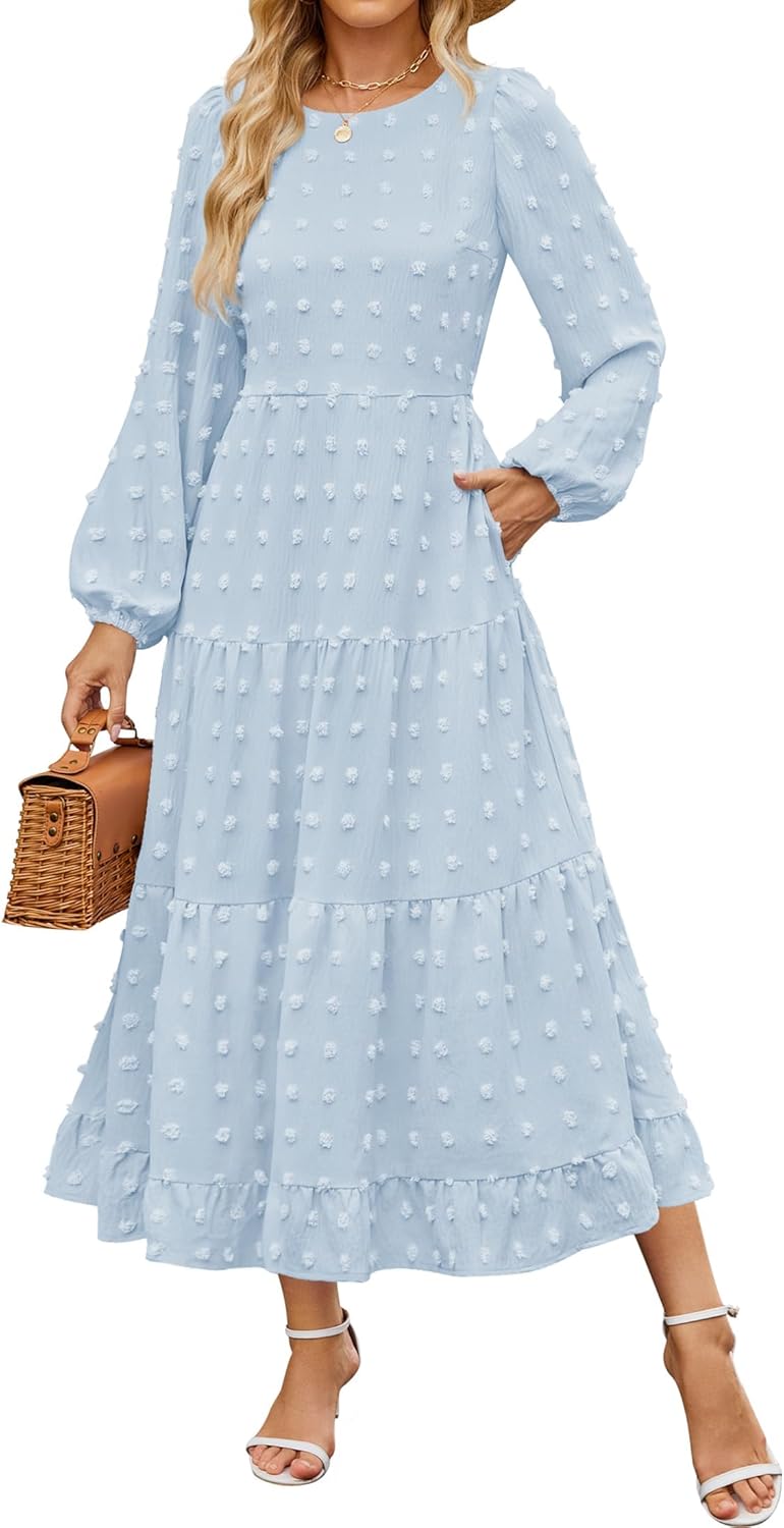 ZESICA Women's Fall Long Sleeve Maxi Dresses 2025 Crew Neck Swiss Dot Tiered Flowy A Line Casual Boho Party Dress