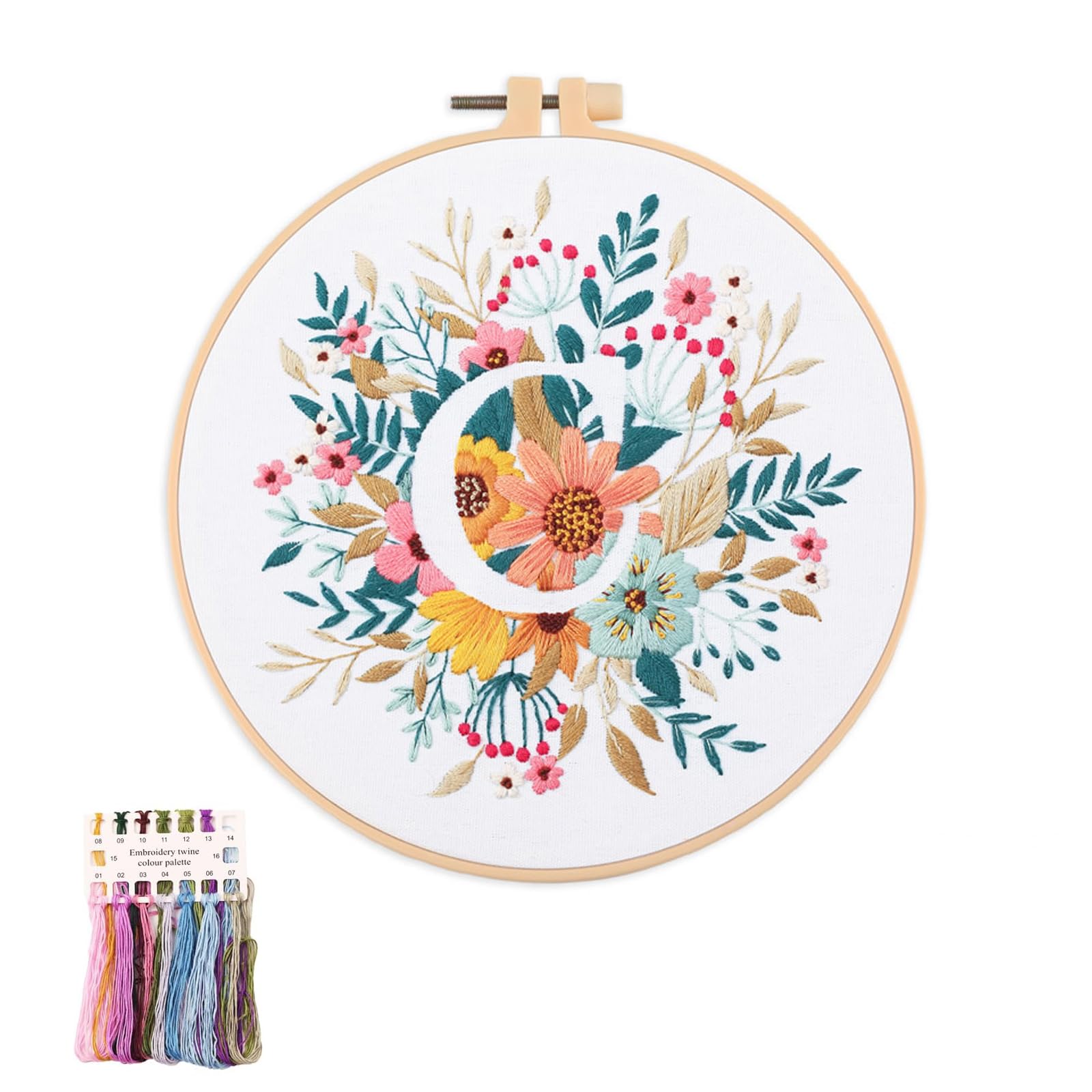 artcici Embroidery Kits Plant Flower Leaf English Letter Patterns for Beginners Adults, Full Range Embroidery Starter Kits Cross Stitch Needlework Supplies (Letter C)