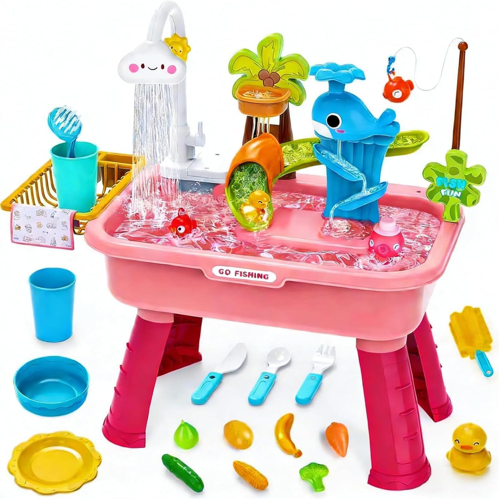 Kids Electric Play Sink With Running Water - Water Play Table With 180° Rotating Faucet & Pump | Adjustable Removable Legs For Height, Includes Fishing Game Tools, For Boys Girls Age 4-8 Park Nursery