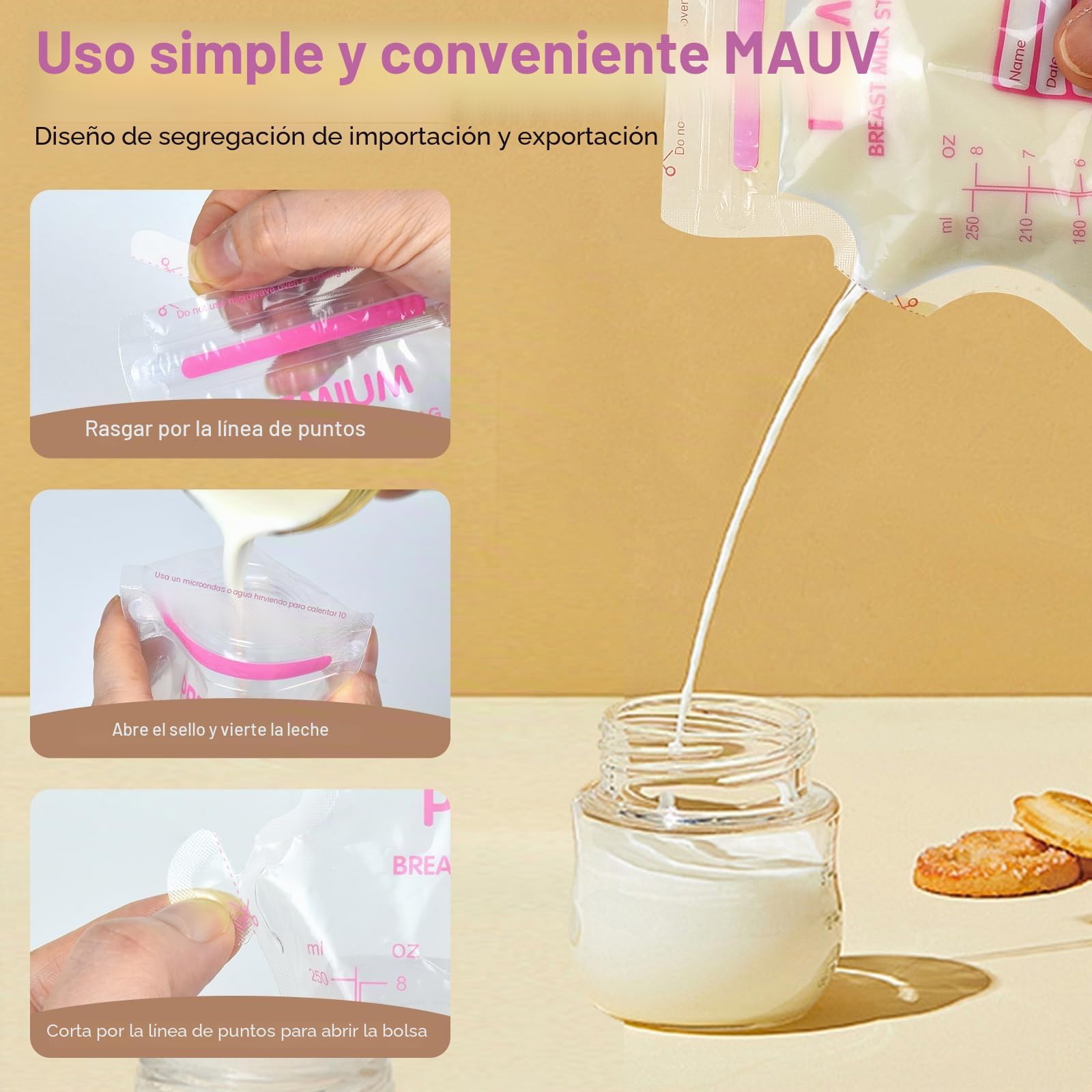 100 bolsas de almacenamiento de leche materna de 250 ml con boquilla, sobre de color sensible a la temperatura para una lactancia cómoda