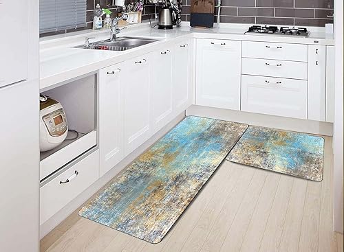 Vista 59 de TOMWISH - Tapetes de cocina para piso, color turquesa, gris, abstracto, pintura artística, 17 x 48 + 17 x 24 pulgadas, juego de alfombras de cocina