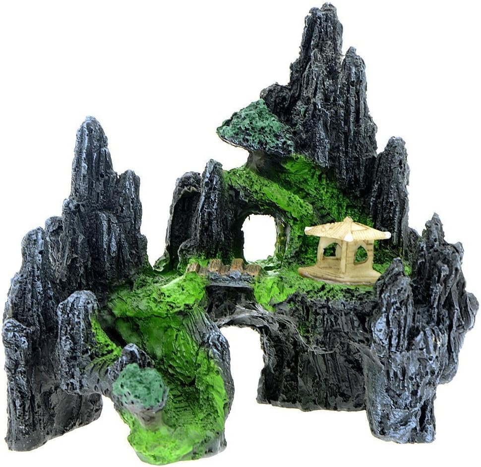 Uotyle Mountain View Aquarium Ornament Tree House Cave Bridge Fish Tank Decoration, Dark Grey, 14.5 x 10 x 12.5cm