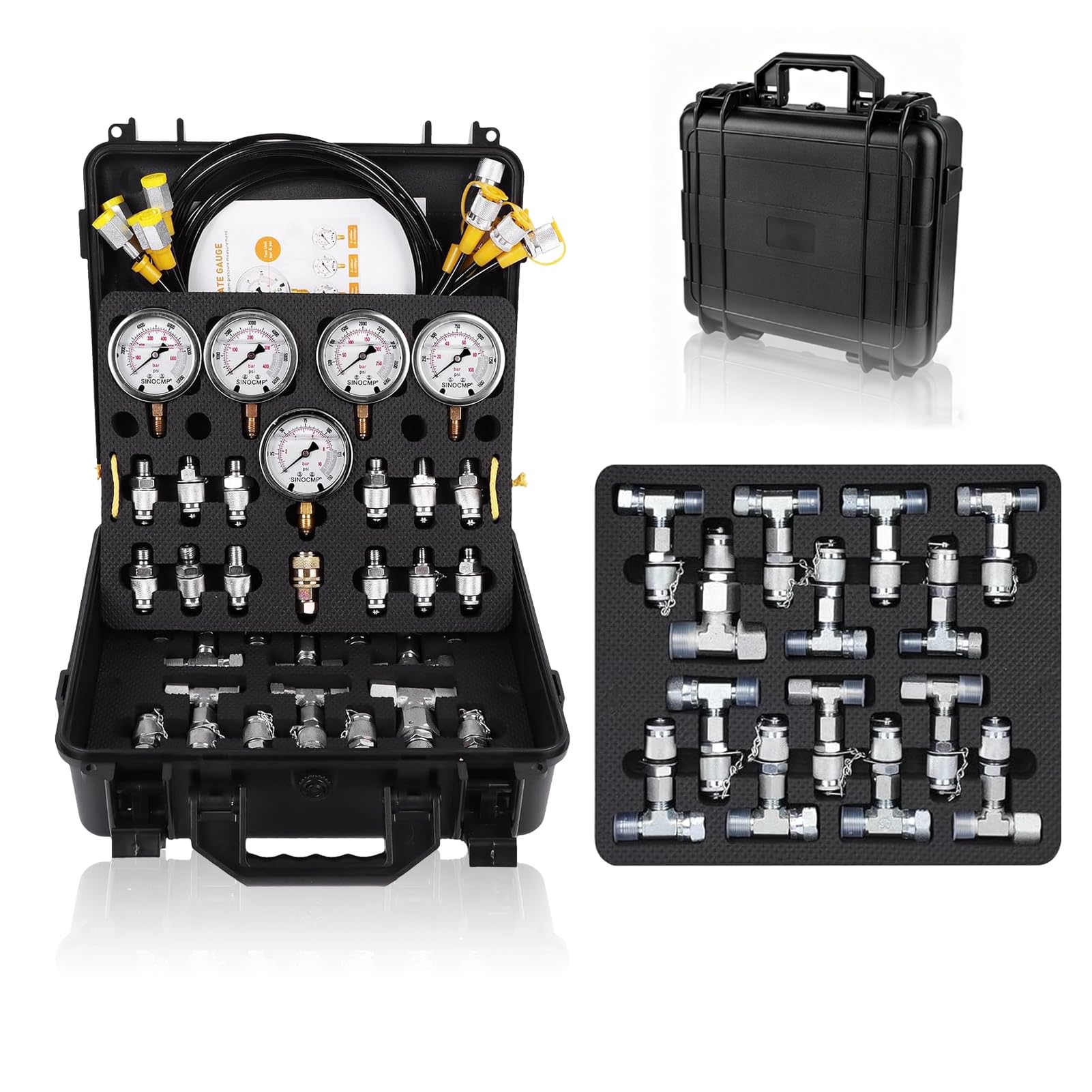 SINOCMP Hydraulic Pressure Test Kit with 5 Gauges 5 Test Hoses 13 Couplings 14 Tee Connectors, Hydraulic Tester Gauge Set 10/100/250/400/600Bar for