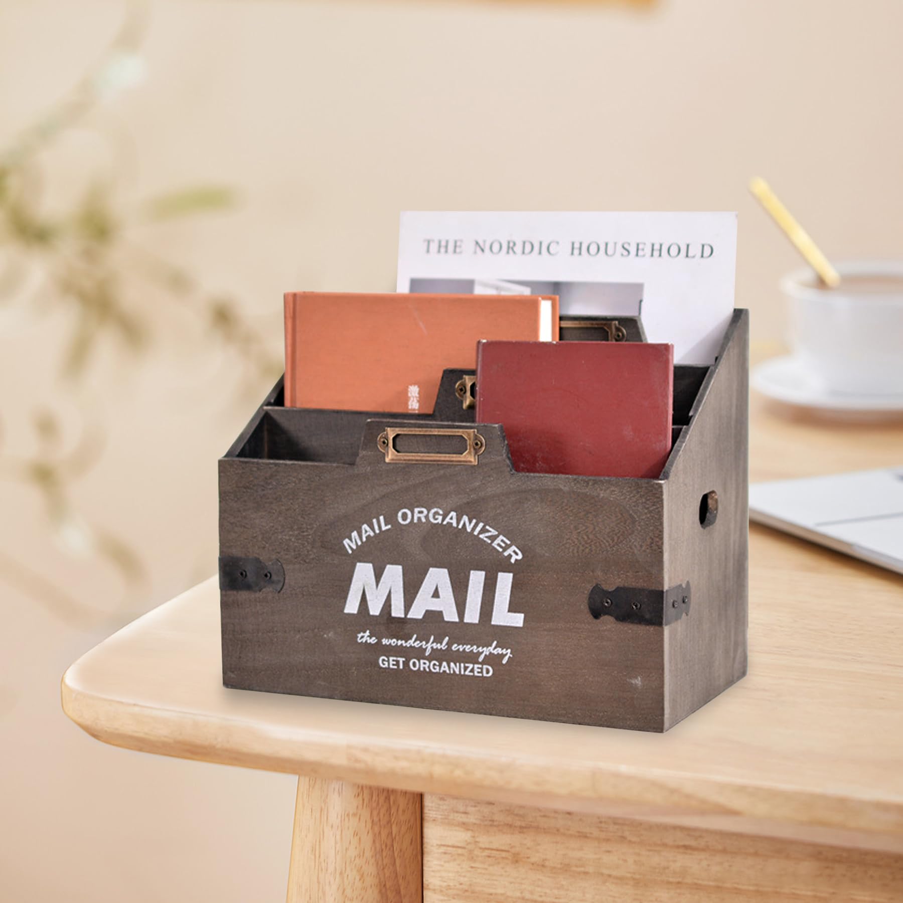 Wasise Letter Holder - 24 X 14 X 20CM Letter Rack, Rustic Wooden Letters Rack with Handle, 3 Compartments Home Office Holder, Wooden Stationary Desk Tidy Organiser,Mail Organiser for Home Study Office - Image 4