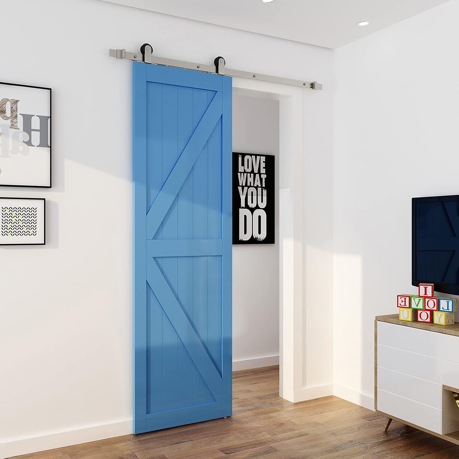 Uр Tо 40% оƒƒ JUBEST Satin Nickel Sliding Barn Door Hardware Kit Single Door Flat Track Kit Top Mounted Roller 5FT