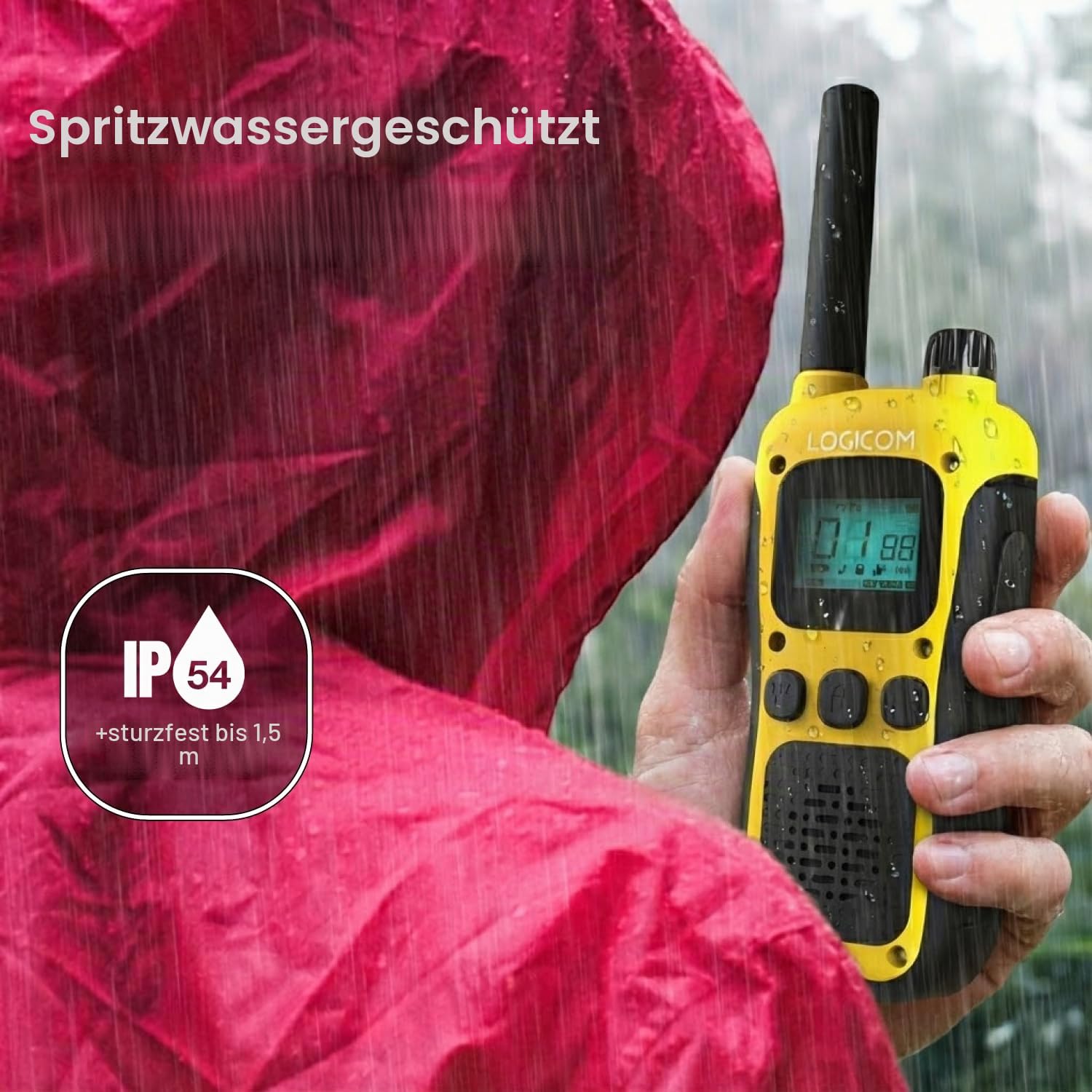 Logicom - Adventure Walkie-Talkie PMR446 IP54 Reichweite 10 km Akkulaufzeit 20h LCD-Display USB-C Taschenlampe VOX Freisprechfunktion 16 Kanäle Akku 1000 mAh 2er-Set