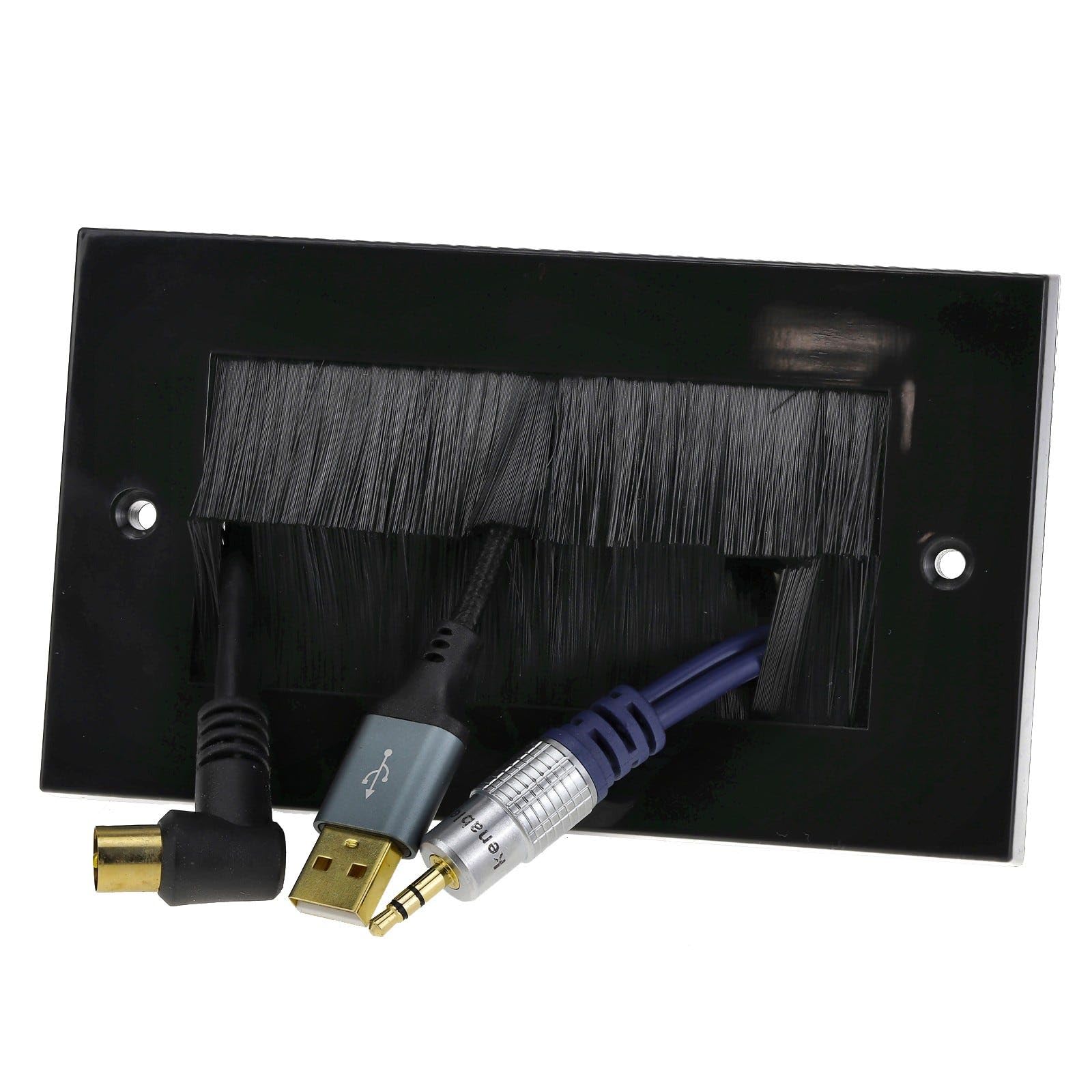 Kenable Black Cable Entry Brush Faceplate Wall Outlet Uk Double Gang | Av Cable Management | 145X84mm | Fits Standard Back Box | Ideal For Wall-Mounted Tvs