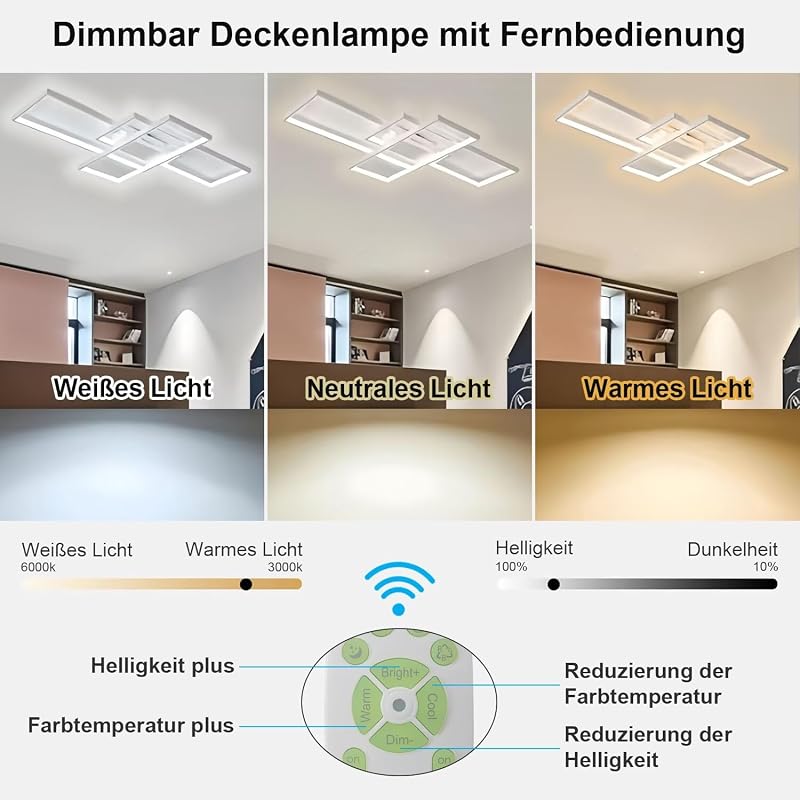 WHLL Mennyezeti LED Lámpa 105 cm 72W - Távirányítós, Szabályozható Fényerő, 3000K-6500K Színhőmérséklet, Modern Geometriai Dizájn, Nappali,