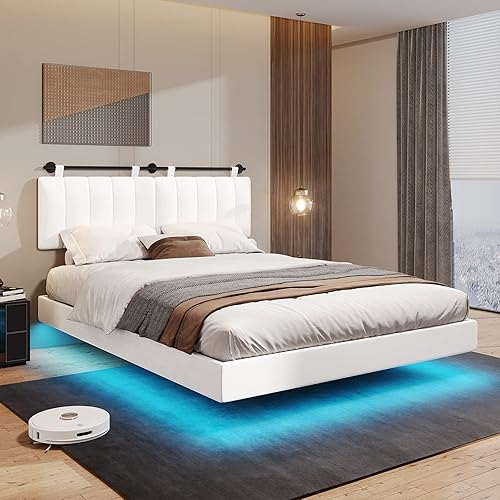 Miniatura 1 de Hasuit Queen Floating Bed Frame with Led Light, Modern Inspired Queen Size Platform Bed, No Box Spring Needed, Noise Free, Easy Assembly, White