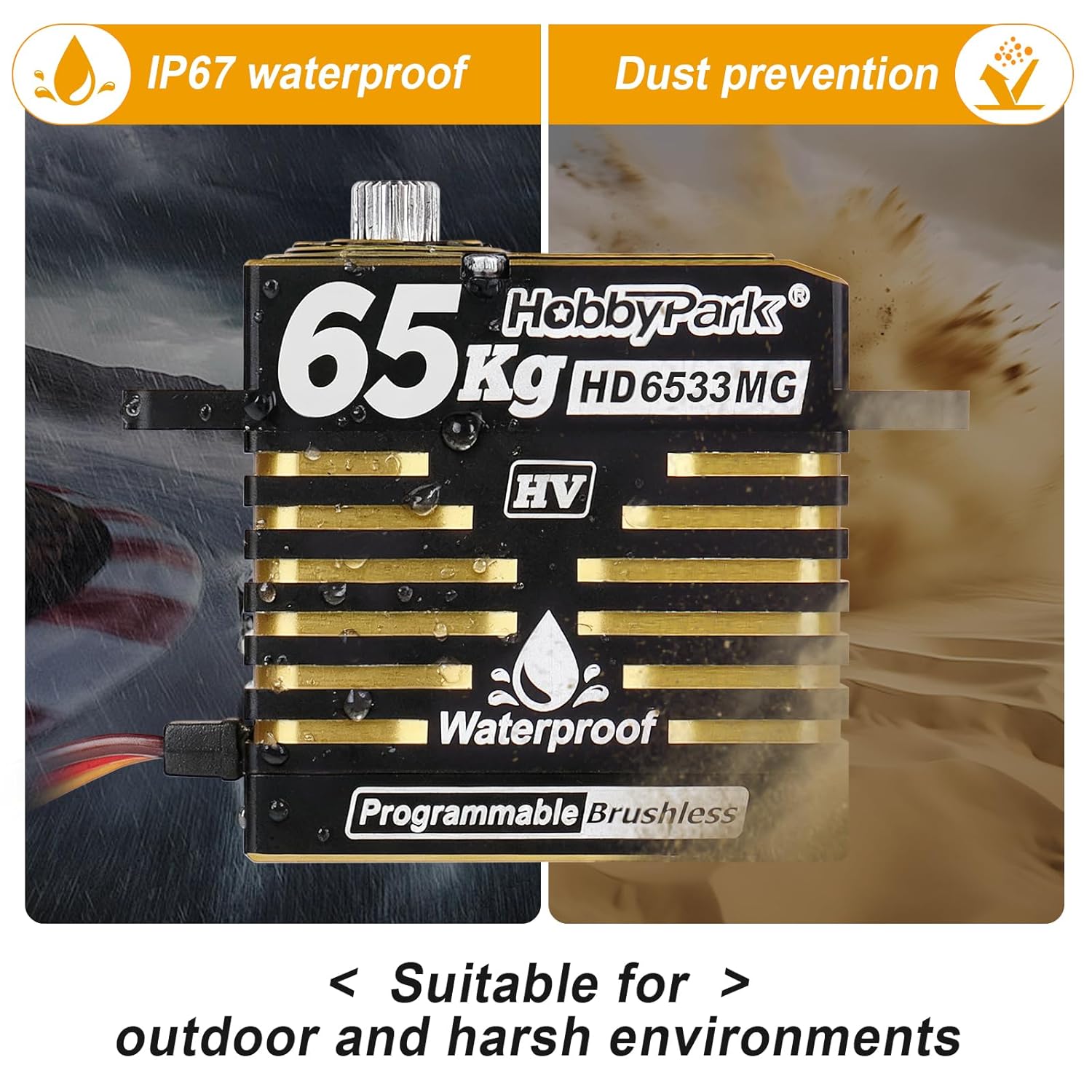HobbyPark Waterproof RC Servo High Torque Brushless Motor Metal Gear Digital Servo Aluminum Case for 1/8 1/10 RC Crawler SCX10 TRX4 RC Truck Car Buggy RC Basher Control Angle 180° HV (65kg Torque)