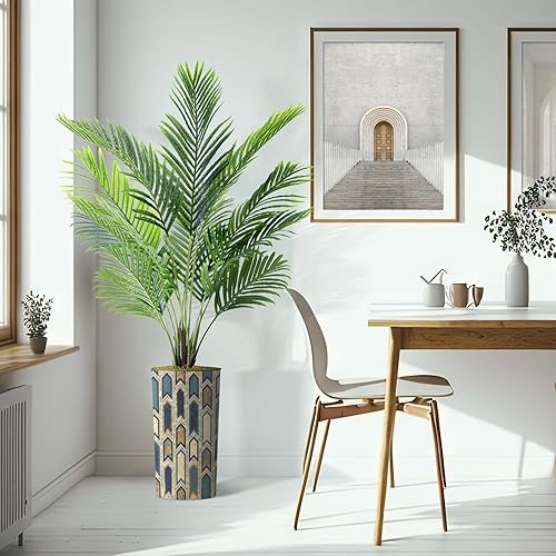 Miniatura 6 de Árbol artificial en macetero moderno con patrón poligonal, palmera tropical areca artificial de seda para decoración del hogar en interiores y