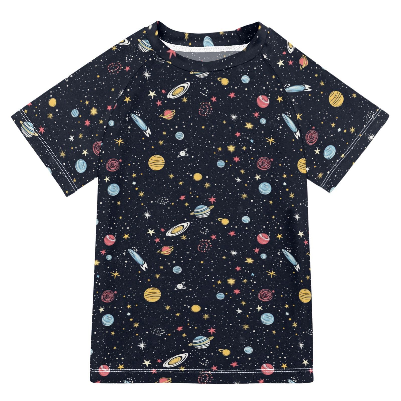 Kids Bathing Suits Boys Short Sleeve Rash Guard Swimsuit 5T Space Starry Sky Cosmic Planet