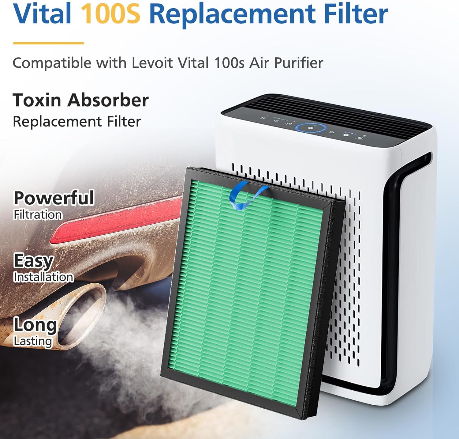 2 Pack Vital 100S Toxin Absorber Replacement Filter for LEVOIT Vital 100S Air Purifier, 3-in-1 Vital 100S Hepa Filter and High-Efficiency Activated Carbon Filter, Replace Part #Vital 100S-RF-TX, Green - Image 2