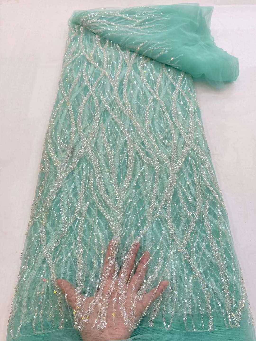 African Wedding Lace Fabric French tulle mesh lace Fabric 5yards/piece sequins fabric ML75N328 (green)