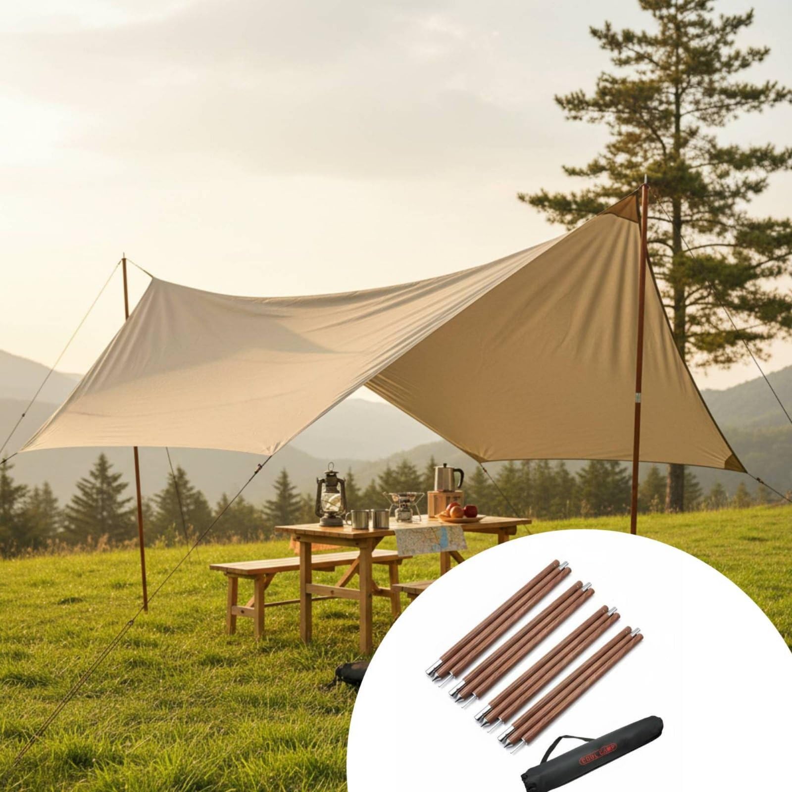 Zeltstange Vielseitige Aluminium Tarpstange Zeltgestänge Stützstange mit Edler Holzmaserung für Schnellen Aufbau für Campingausflug Terrasse Picknick Outdoor