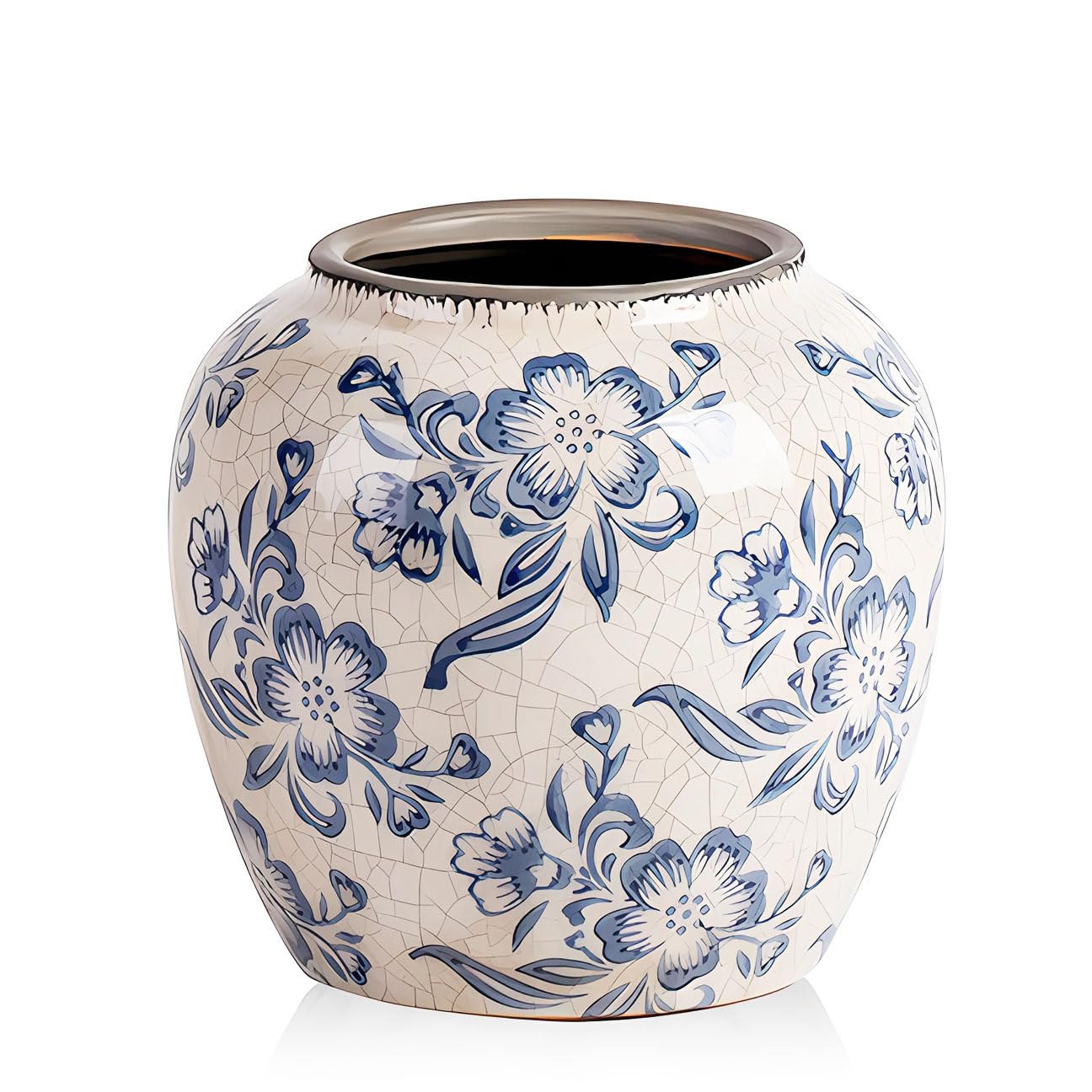 XIUWOUG Vintage Blue and White Porcelain Flower Vases - Chinoiserie Ceramic Ginger Jar Vases for Home, Living Room, Office Decor